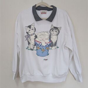 Vintage 90s Cat Kitten Sweatshirt Women Sz L Cream Collared Pullover Made in USA